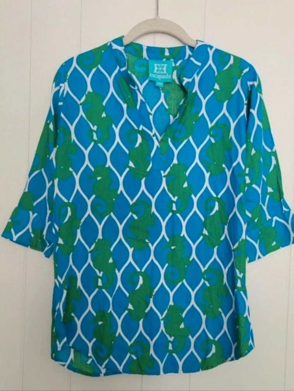 Escapada Seahorse Tunic Top Rayon Blue Green Tropical Ocean Resortwear Beach XS